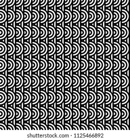 Seamless pattern with circles and striped black white straight lines. Optical illusion effect. Geometric tile in op art style. Vector illusive background for cloth, textile, print, web.