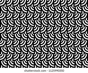 Seamless pattern with circles and striped black white straight lines. Optical illusion effect. Geometric tile in op art style. Vector illusive background for cloth, textile, print, web.