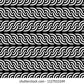 Seamless pattern with circles and striped black white straight lines. Optical illusion effect. Geometric tile in op art style. Vector illusive background for cloth, textile, print, web.