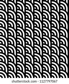 Seamless pattern with circles and striped black white straight lines. Optical illusion effect. Geometric tile in op art style. Vector illusive background for cloth, textile, print, web.