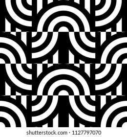 Seamless pattern with circles and striped black white straight lines. Optical illusion effect. Geometric tile in op art style. Vector illusive background for cloth, textile, print, web.