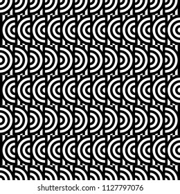Seamless pattern with circles and striped black white straight lines. Optical illusion effect. Geometric tile in op art style. Vector illusive background for cloth, textile, print, web.