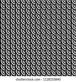Seamless pattern with circles and striped black white straight lines. Optical illusion effect. Geometric tile in op art style. Vector illusive background for cloth, textile, print, web.