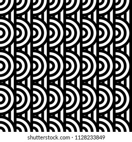 Seamless pattern with circles and striped black white straight lines. Optical illusion effect. Geometric tile in op art style. Vector illusive background for cloth, textile, print, web.