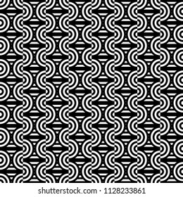 Seamless pattern with circles and striped black white straight lines. Optical illusion effect. Geometric tile in op art style. Vector illusive background for cloth, textile, print, web.