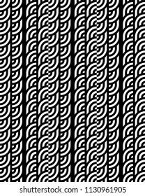 Seamless pattern with circles and striped black white straight lines. Optical illusion effect. Geometric tile in op art style. Vector illusive background for cloth, textile, print, web.
