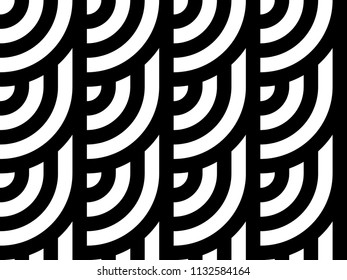 Seamless pattern with circles and striped black white straight lines. Optical illusion effect. Geometric tile in op art style. Vector illusive background for cloth, textile, print, web.
