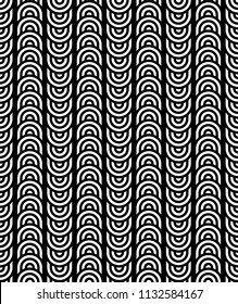 Seamless pattern with circles and striped black white straight lines. Optical illusion effect. Geometric tile in op art style. Vector illusive background for cloth, textile, print, web.