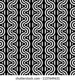 Seamless pattern with circles and striped black white straight lines. Optical illusion effect. Geometric tile in op art style. Vector illusive background for cloth, textile, print, web.