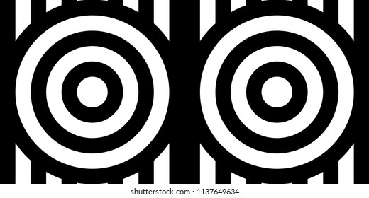 Seamless pattern with circles and striped black white straight lines. Optical illusion effect. Geometric tile in op art style. Vector illusive background for cloth, textile, print, web.