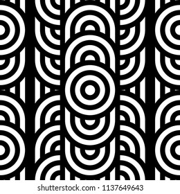 Seamless pattern with circles and striped black white straight lines. Optical illusion effect. Geometric tile in op art style. Vector illusive background for cloth, textile, print, web.