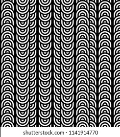 Seamless pattern with circles and striped black white straight lines. Optical illusion effect. Geometric tile in op art style. Vector illusive background for cloth, textile, print, web.