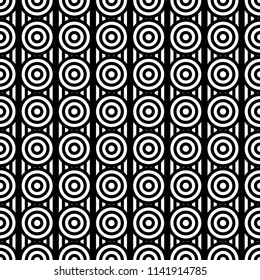 Seamless pattern with circles and striped black white straight lines. Optical illusion effect. Geometric tile in op art style. Vector illusive background for cloth, textile, print, web.