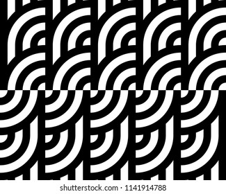 Seamless pattern with circles and striped black white straight lines. Optical illusion effect. Geometric tile in op art style. Vector illusive background for cloth, textile, print, web.