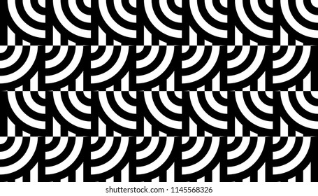 Seamless pattern with circles and striped black white straight lines. Optical illusion effect. Geometric tile in op art style. Vector illusive background for cloth, textile, print, web.