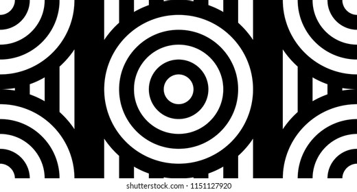 Seamless pattern with circles and striped black white straight lines. Optical illusion effect. Geometric tile in op art style. Vector illusive background for cloth, textile, print, web.