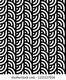 Seamless pattern with circles and striped black white straight lines. Optical illusion effect. Geometric tile in op art style. Vector illusive background for cloth, textile, print, web.
