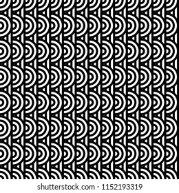 Seamless pattern with circles and striped black white straight lines. Optical illusion effect. Geometric tile in op art style. Vector illusive background for cloth, textile, print, web.