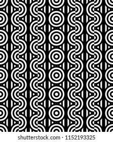 Seamless pattern with circles and striped black white straight lines. Optical illusion effect. Geometric tile in op art style. Vector illusive background for cloth, textile, print, web.