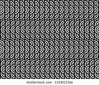 Seamless pattern with circles and striped black white straight lines. Optical illusion effect. Geometric tile in op art style. Vector illusive background for cloth, textile, print, web.