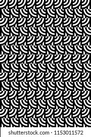 Seamless pattern with circles and striped black white straight lines. Optical illusion effect. Geometric tile in op art style. Vector illusive background for cloth, textile, print, web.