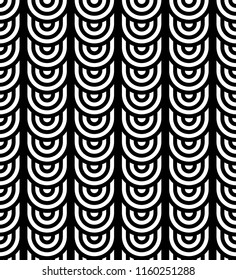 Seamless pattern with circles and striped black white straight lines. Optical illusion effect. Geometric tile in op art style. Vector illusive background for cloth, textile, print, web.
