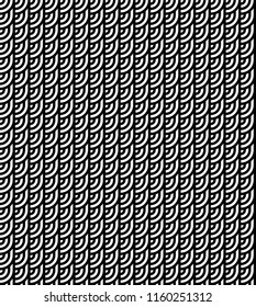 Seamless pattern with circles and striped black white straight lines. Optical illusion effect. Geometric tile in op art style. Vector illusive background for cloth, textile, print, web.