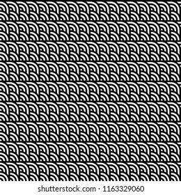Seamless pattern with circles and striped black white straight lines. Optical illusion effect. Geometric tile in op art style. Vector illusive background for cloth, textile, print, web.