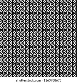 Seamless pattern with circles and striped black white straight lines. Optical illusion effect. Geometric tile in op art style. Vector illusive background for cloth, textile, print, web.