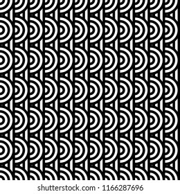 Seamless pattern with circles and striped black white straight lines. Optical illusion effect. Geometric tile in op art style. Vector illusive background for cloth, textile, print, web.