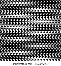 Seamless pattern with circles and striped black white straight lines. Optical illusion effect. Geometric tile in op art style. Vector illusive background for cloth, textile, print, web.