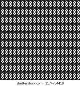 Seamless pattern with circles and striped black white straight lines. Optical illusion effect. Geometric tile in op art style. Vector illusive background for cloth, textile, print, web.