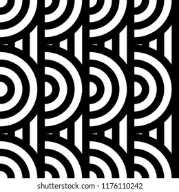 Seamless pattern with circles and striped black white straight lines. Optical illusion effect. Geometric tile in op art style. Vector illusive background for cloth, textile, print, web.