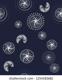 Seamless pattern of circles, stylized sun on a blue background.