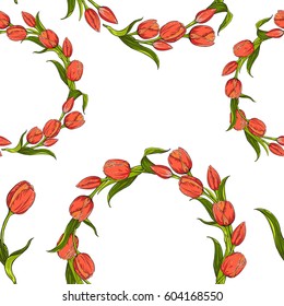 Seamless pattern with circles of tulips on white background. Vector illustration