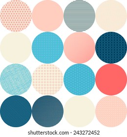 Seamless pattern of circles. Circles with various texture on white background in retro style.