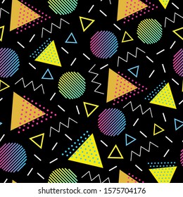 Seamless pattern with circles, zigzag and triangle shapes, Memphis style. black background