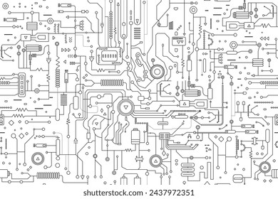 Seamless pattern of circuit board. Illustration in the outline, flat style. Technology background. Artificial intelligence concept.