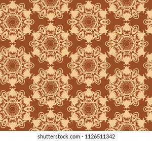 Seamless pattern from circular abstract floral ornaments in beige color on a brown background. Vector illustration. Suitable for fabric, wallpaper and wrapping paper