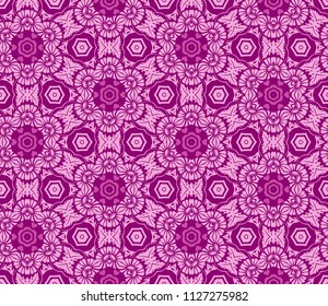 Seamless pattern from circular abstract floral ornaments in lavender and magenta color on a purple background. Vector illustration. Suitable for fabric, wallpaper and wrapping paper