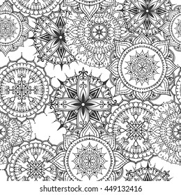 Seamless pattern with circular floral ornament. Round pattern mandala for the greeting cards,  invitation, template for business style, wedding cards or else. Vector illustration