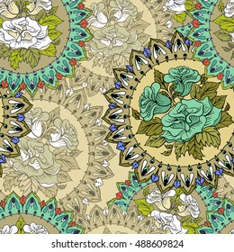 Seamless pattern with circular floral ornament with roses. Floral background with mandalas for the greeting cards, invitation, business style, cards, textile backgrounds or else. Vector illustration.