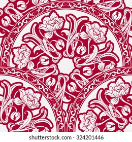 Seamless pattern of circular floral ornaments. Red and white background in the style of Chinese painting on porcelain. Vector illustration.