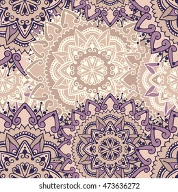 Seamless pattern with circular floral ornaments. Background with mandalas for the greeting cards, invitation, business style, textile backgrounds or else. Vector illustration in light violet colors.