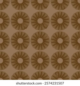 Seamless pattern of circular floral shapes with layered petal-like design in a monochromatic brown palette. Abstract vector illustration for wallpaper, textile, and print design