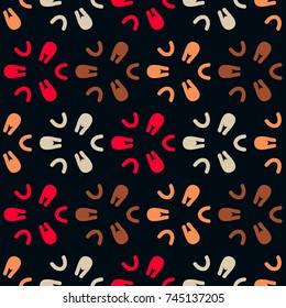 Seamless pattern with circular groups of bright geometric elements.