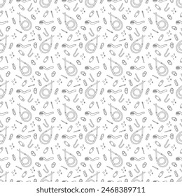 Seamless pattern with circular knitting needles and knitting tools. Doodle outline illustration.