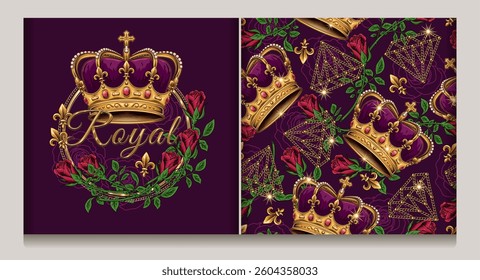 Seamless pattern, circular label with golden imperial crown, red roses, fleur de lis sign. Detailed illustrations in luxury kitsch vintage style.
