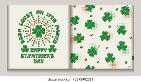 Seamless pattern, circular label with scattered shamrocks leaves, beads, halftone shapes. St Patricks Day design on white background. Vintage illustration for prints, clothing, surface design