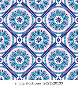 Padrão contínuo de mosaicos circulares com desenhos florais estilizados e um fundo branco.